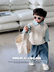 Spring Autumn Childrens Outfit Blue Shirt Ripped Sweater Denim Jeans Three Piece Set Baby Boy Birthday Dress Korean Style