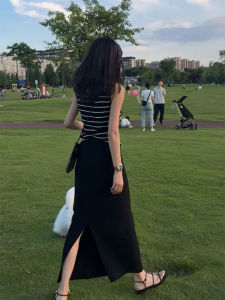 YUFUQING | Black Korean Style Loose Fit Stripe Mini Skirt Womens Fashion Summer New Arrival Two-Piece Set Polyester Fiber Casual Wear