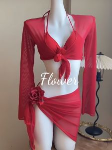 ใหม่ เซ็กซี่ สีขาว Enhancing ชุดบิกินี ชุดสี่ชิ้นแขนยาว Holiday Hot ฤดูใบไม้ผลิ ว่ายน้ํา ชุดสูท ชุดว่ายน้ําแบรนด์ Sea สีแดง