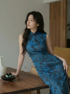 Deep Blue Vintage Chinese Style Breathable Sleeveless Mandarin Collar Fitted Spring Womens Clothing