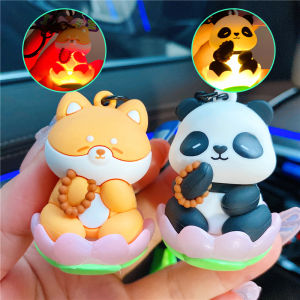 Creative Buddha Panda Shiba Inu Lotus Lamp Keychain Pendant with Light Couple Backpack Hanging Ornament Student Schoolbag Night Light