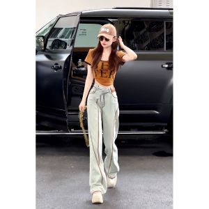 High Waist Wide Leg Pants Womens Design Sense Color Block Line Small Audience Jeans 2024 New Asymmetric Waist Head Splicing