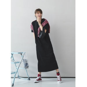 Laid-back Atmosphere Sensation Cocoon Design Slit Round-neck Slim Short Sleeve Long Dress