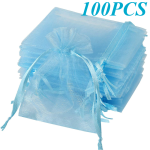100PCS Blue Organza Bags Mesh Organza Jewelry Bags Drawstring Small Drawstring Favor Pouches Christmas Candy Wedding Birthday