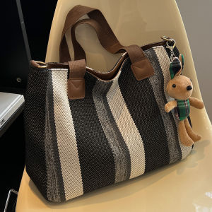 Large Capacity Canvas Tote Bag Womens Commuter Shoulder Bag School Class Bag 2024 New Style Korean Leisure Stripe Pattern