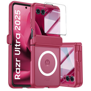 for Moto Razr 70 2026/60 2025/50 2024 Phone Casewith Screen ProtectorMagnaticTranslucent Matte Shockproof Case-Rose Red