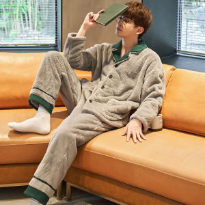Thickened Coral Fleece Pyjamas Set for Teenage Boys Home Clothes Long Sleeve Cotton Pajamas with Embroidery Autumn Winter Home Clothes
