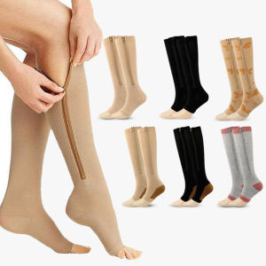 Grupheaso Compression Zip Sox Socks Stretchy Leg Support Zipper Medical Socks Open Toe Zipper Stocking for Varicose Veins Edema Swollen
