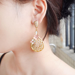 SEQUITO New Arrival Yellow Gold Plated Jewelry Pave Setting Shiny AAA Cubic Zircon Pink Flower Long Water Drop Earrings Mothers Day Gift SE928