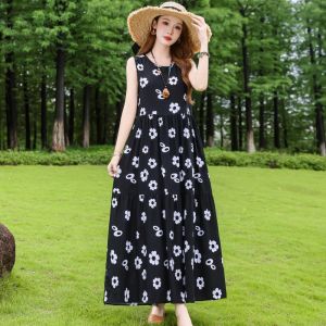 Summer New Style Cotton Silk Dress Beach Vacation Casual A-Line Artificial Cotton Long Skirt Sleeveless round Neck Gown