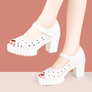 THEME QUEEN | Medium Heel Coarse Heel Fish Mouth Genuine Leather Peep Toe Sandals