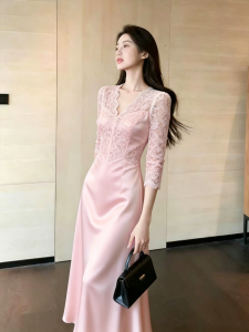 DANTING | Elegant Pink Lace V-Neck Autumn Luxury Evening Dress