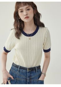 Yolo Chất Lượng Cao Áo len dệt Cho Phụ Nữ Của Quần Áo Mùa Hè 2024 khối màu Lụa băng tay ngắn cổ tròn T-Shirt Lỏng Lẻo Và Giảm Béo Khí Hàng Đầu