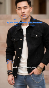 Bộ Áo Khoác Jean Nam Denim Đen Rách Phối Quần Jean Nam Đen Rách Gối Slimfit Vintage Cao Cấp VIETFASHION 2026