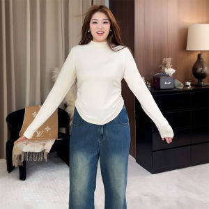 plus Size Long Sleeve Knitted T-Shirt Womens Loose Fit Semi-High Collar Base Layer Shirt Korean Style Commute Fashion