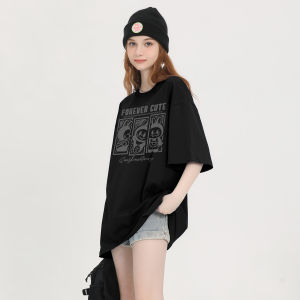 Áo Thun Cotton Tay Ngắn Dáng Rộng Mùa Hè Cho Nữ Thiết Kế Màu Khối in Họa Tiết Hoạt Hình Cổ Tròn Không Cần Ủi