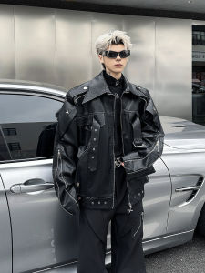 แจ็คเก็ต PU หนังสไตล์อเมริกันสำหรับผู้ชาย ฤดูใบไม้ร่วง แจ็คเก็ตมอเตอร์ไซค์หลวมๆ ดีไซน์เก๋ไก๋ แจ็คเก็ตมอเตอร์ไซค์แฟชั่น