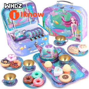 I Know Kids Tea Party Set For Little Girls Mermaid Gift Pretend Toy Tin Tea SetPrincess Tea Time Kitchen Pretend Play Tea Set Toys