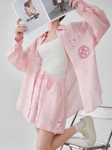 XIAODADEHUA | Embossed Pearl Long Sleeve Casual Shirt Set