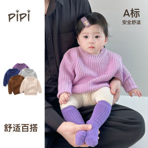 เสื้อสเวตเตอร์ถักคอตั้งหลวมๆ สำหรับเด็ก 3 เดือน ผ้าถักคอตั้งแบบเรียบง่าย สีสันสดใส แขนยาว ผ้าฝ้ายผสม