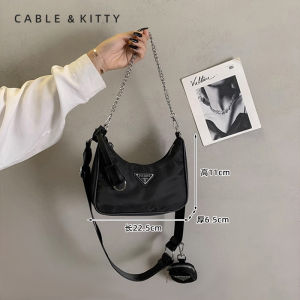 Black Three-in-One Versatile Womens Shoulder Bag Ins Underarm Crossbody Bag Nylon Material Zipper Closure Fashionable Moon-Shaped Bag