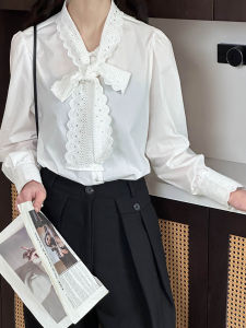 เสื้อเชิ้ตคอป้านผ้าฝ้ายลายผีเสื้อแขนยาวสีขาวสำหรับผู้หญิง ฤดูใบไม้ผลิและฤดูใบไม้ร่วง สไตล์วัง สง่างาม เสื้อเชิ้ตแขนยาวคอโปโล