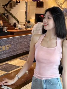 YUEZHONGWEI | Pink Neckline Open Back Ice Silk Knit Fitted Slim Shaping Blouse