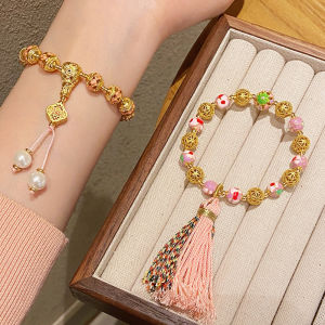 Fugong Series Sweet Fresh Pink Flower Copper Golden Beads Tassel Bracelet Handmade Beaded Bracelet for Women Original Design
