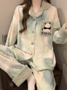 New Chinese Style Womens Sleepwear Winter Coral Fleece Thickened Fleece Plush Flannel Cute Panda Ink Drawing High-End Home Clothes