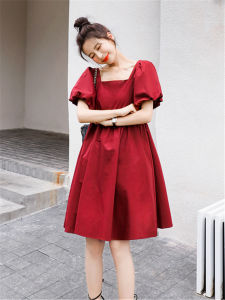 Red Summer Womens Dress Backless Design Bubble Sleeve Square Collar Slimming High Waist Short Sleeve Midi Princess Dress