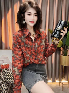 เสื้อเชิ้ตผู้หญิงผ้าฝ้ายลินินลายดอกไม้สไตล์ฤดูใบไม้ผลิและฤดูใบไม้ร่วง ดีไซน์เรียบง่าย คอกลม แขนยาว เสื้อเชิ้ตผู้หญิง