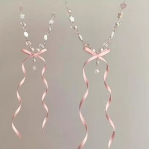 สร้อยคอจี้รูปผีเสื้อสีชมพูแบบผ้า ลูกปัดเรขาคณิต เครื่องประดับแฟชั่นสำหรับผู้หญิง โซ่กระดูกไหปลาร้า สร้อยคอจี้รูปดาว