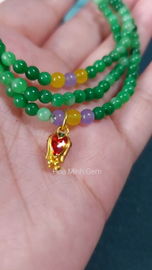 Vòng tay quấn 3 đá Cẩm Thạch Sơn Thủy (màu sáng) size hạt 4 li mini phối viên mã não charm nụ hồng đỏ không kén mệnh | Hoa Minh Gem