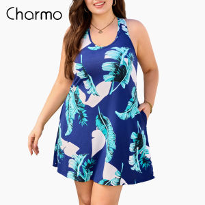 CHARMO ชุดซันเดรสลำลองมีกระเป๋าสำหรับมีในตัวขนาดพิเศษชุดเดรสฤดูร้อน1X-4X เดรสสายเดี่ยว