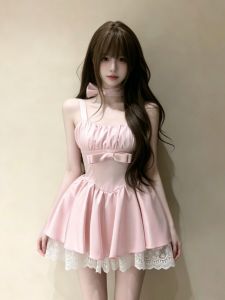 CHANGTONG | Đầm Ngắn Phong Cách Công Chúa Dáng Xòe Nơ Buộc Ép eo