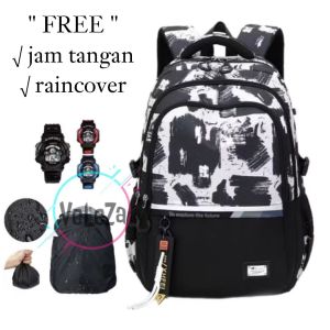 TAS RANSEL SEKOLAH ANAK LAKI-LAKI REMAJA MOTIF KORAN FREE JAM TANGAN DAN RAINCOVER TAS SEKOLAH SD SMP TAS RANSEL