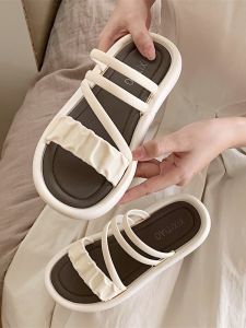 Thin Stripe Fancy Color Matching Slippers Womens Summer K-style Fairy Seaside Vacation Flat Beach Shoes Ins