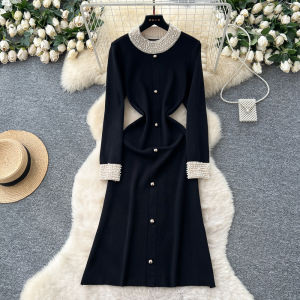 YuooMuoo Brand Fashion 2025 Autumn Winter Women Knitted Long Dress Luxury Pearls O-neck A-line Sweater Dress Office Lady Vestido