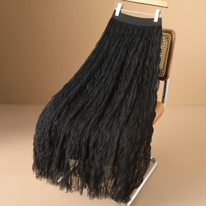 TGZ High Waist Pleated White Midi Skirt Womens Fashion Elegant A-Line Gown Polyester Fiber Slimming Skirts