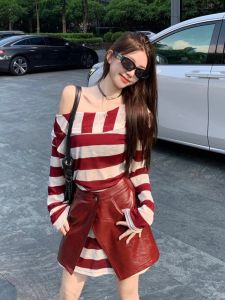 GUZILIAN | American Style Spicy Girl Asymmetrical Shoulder Mid-Length Striped T-Shirt Womens PU Leather Short Skirt Layering Set Autumn