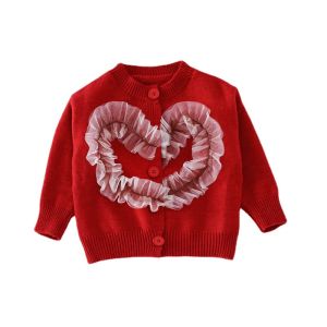 เสื้อคาร์ดิแกนถักสีแดงสำหรับเด็กผู้หญิง เสื้อคลุมกันหนาวแบบสวมหัว แขนยาว คอตตอน 100% ทรงปกติ เสื้อคลุมกันหนาวสำหรับเด็กผู้หญิง