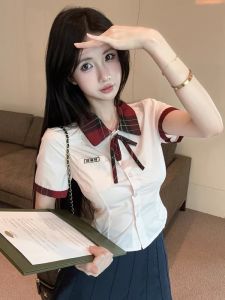 GUZILIAN | Sweet Short Sleeve Shirt And High Waist Skirt Two Piece Set For Women Summer College Style Fashionable Top And Pleated Skirt