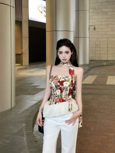 GUZILIAN | Summer Slim Fit Short Sleeveless Vest Womens Outerwear Print Halter Neck Backless Tube Top Korean Style Commute Fashion