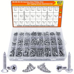 304 Stainless Steel Wood Screws Assortment Kit M3 M4 M5 M6 Self Tapping Screws Set Phillips Truss Flat Head for Deck Drywall Met