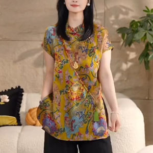 UYFY | Button Knot Print Loose Slimming Youthful Womens Retro Short Sleeve Shirt