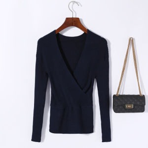 สไตล์เกาหลี สลิมฟิต คอวี เสื้อเชิ้ตแขนยาวถักสั้น เซ็กซี่ เผ็ด เด็กผู้หญิง กากบาทหน้าอกต่ํา ผู้หญิง รัดรูป สั้น เสื้อท่อนบน