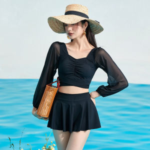 Luoke swimsuit women split Skirt Black Mesh Long Sleeve Square Neck Swimsuit conservative swimwear leisure swimming suit