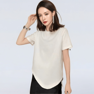 Áo Thun Cotton Mùa Hè 2025 Dáng Rộng Cổ Tròn Tay Ngắn in Chữ Màu Trơn Che Bụng Cạp Vừa Thời Trang Đa Năng