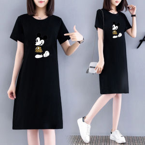 plus Size Womens Summer Casual Short Sleeve T-Shirt Dress Mid-Length Over-Knee Loose Fit A-Line Skirt Versatile Commute Style