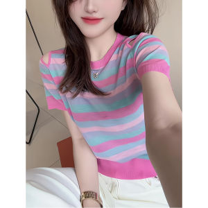 New Spring Fashion French Elegance Striped Off-shoulder T-shirt
